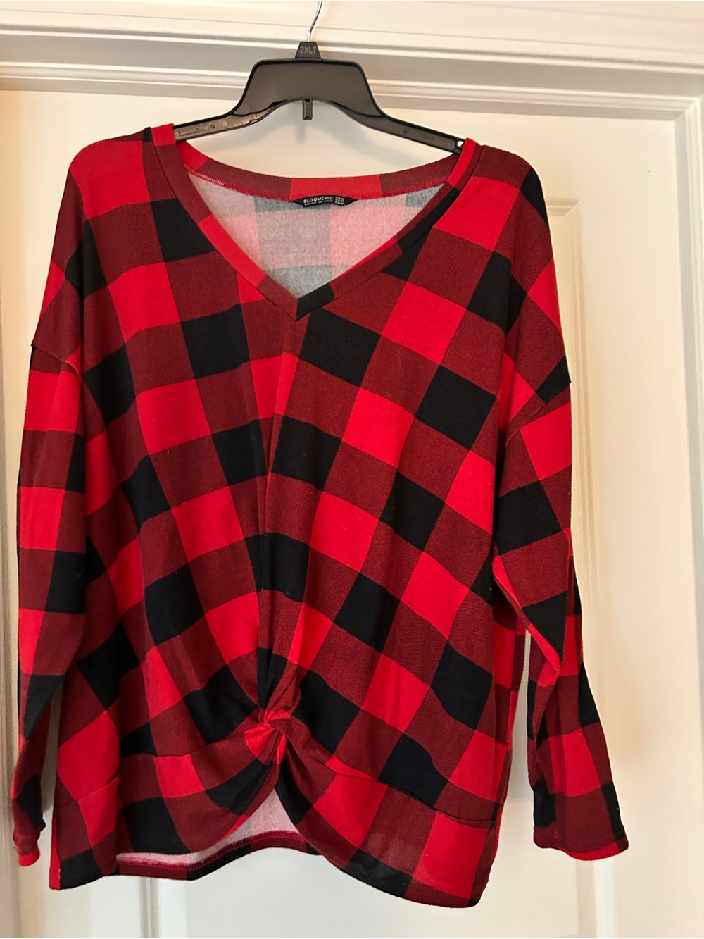 Buffalo Plaid Knot-Front V-Neck Women's Top - Red/Black